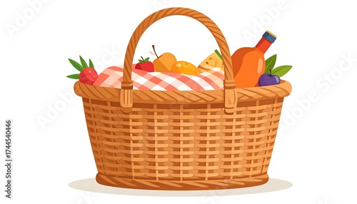 Wicker Picnic Basket Filled with Delicious Food and Drinks.