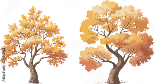 Autumn season trees illustration, fall foliage landscape, golden leaves vector art, nature design, seasonal forest environment background