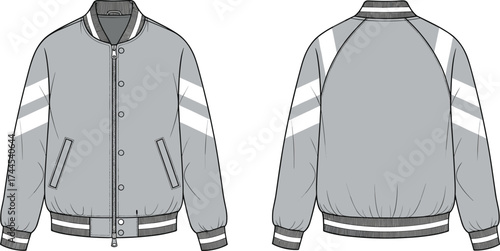 Bomber jacket flat sketch, fashion vector template, technical drawing, unisex outerwear design, varsity coat illustration, apparel
