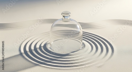 Tranquil zen garden scene with smooth sand patterns and a glass dome creating a sense of peace and serenity