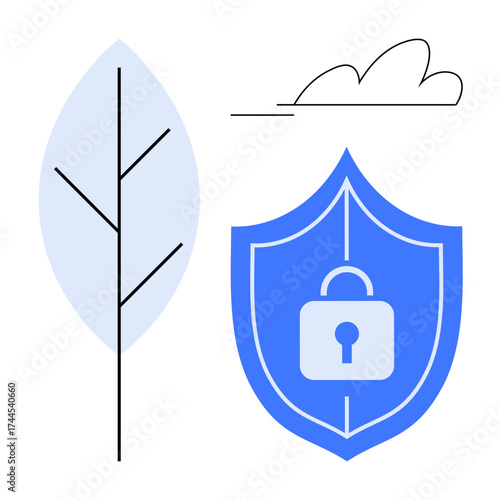 Blue shield with lock, minimal tree branch and cloud elements. Ideal for security, sustainability, eco-friendliness, data protection, digital privacy, environmental safety eco-tech messaging. Simple