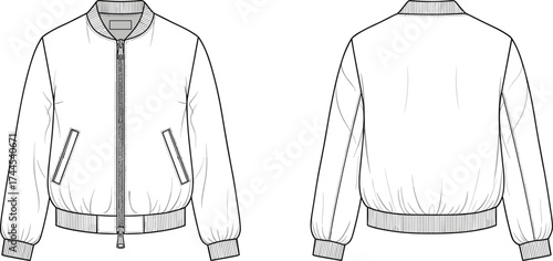 Bomber jacket flat sketch, front and back view, zip closure, ribbed hem, casual outerwear fashion
