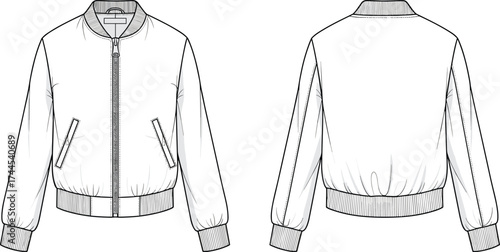 Bomber jacket flat sketch, front and back view, zipper closure, ribbed cuffs, casual outerwear fashion