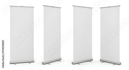 Four blank white roll-up banner  mockup stands from different angles isolated