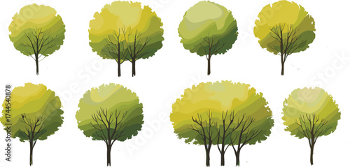 Collection of green round tree vector illustrations, natural forest trees, garden plants, eco landscape design elements