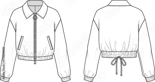 Fashion jacket flat sketch, front and back view, zipper closure, drawstring hem, long sleeve, casual outerwear
