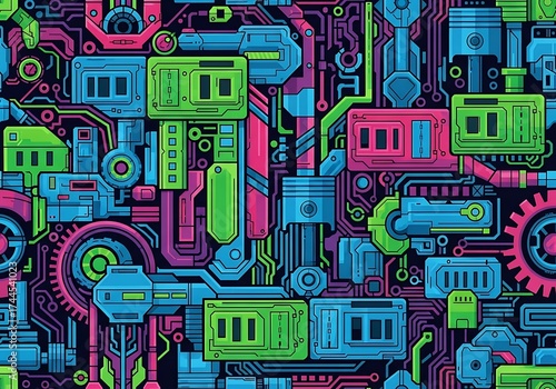 Vibrant mechanical blueprint background with pistons, gears, and futuristic device elements showcasing intricate