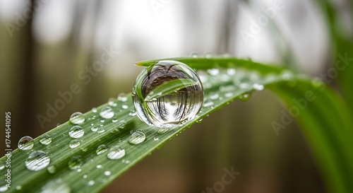 Water droplet resting on a vibrant green leaf showcasing a miniature mirrored world within its sphere delicate nature