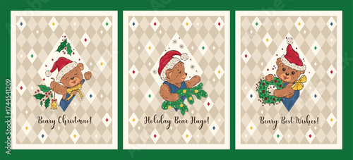 Christmas Set of Greeting Cards with Cute Teddy Bears in Santa Hat Vector Illustration