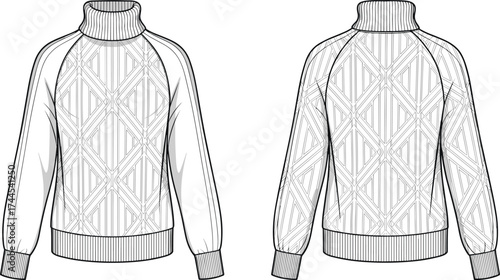 Knitted sweater flat sketch, vector fashion illustration, geometric pattern pullover, winter clothing design, long sleeve template