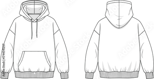 Hoodie sweatshirt flat sketch, front and back view, drawstring hood, kangaroo pocket, ribbed cuffs, casual fashion
