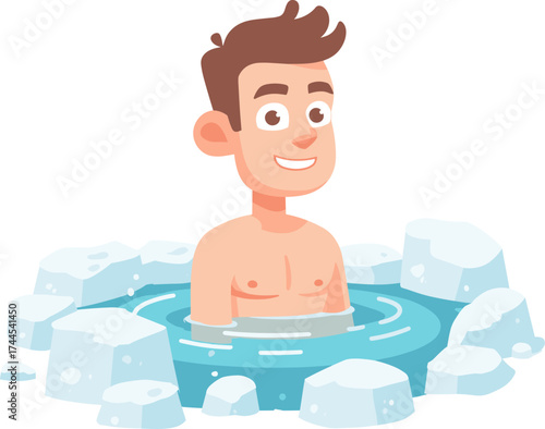 Young man enjoying a warm soak in icy water surrounded by ice blocks isolated on transparent background. Vector illustration.