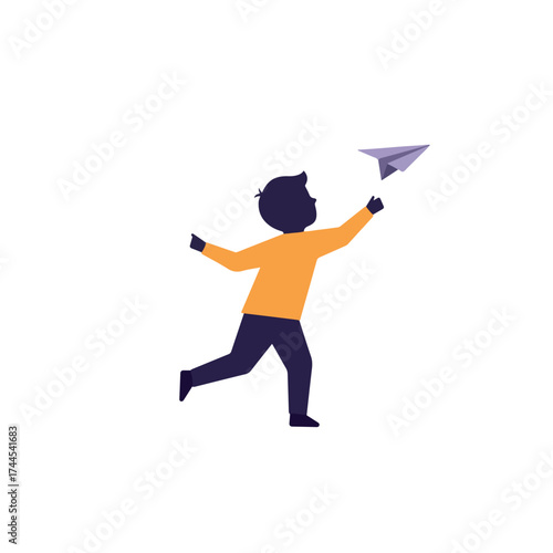 Young boy running and launching a paper airplane illustration.