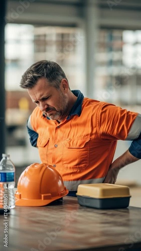 Middle-aged Caucasian construction worker experiencing severe back pain at his industrial workplace, holding his lower back in discomfort during a break.