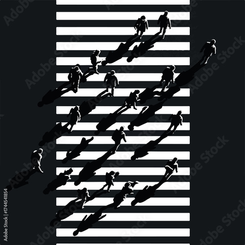 Aerial top down view of anonymous people walking on a zebra crossing.