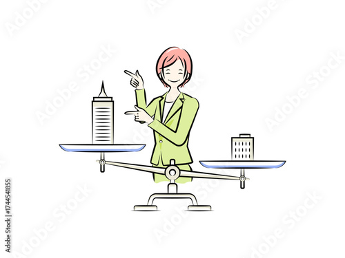 会社を天秤にかけて転職を決めるビジネスウーマン(天秤)｜ビジネスシーン