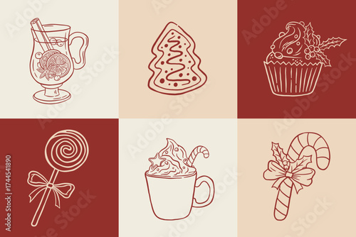 Hand draw Christmas drink and sweetas vector illustration. Vintage candy cane, gingerbread, lollipop, latte, mulled wine, cupcake clipart. Happy New Year card