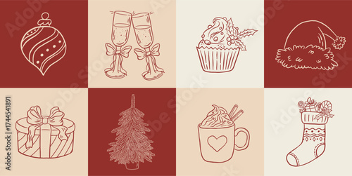 Hand draw retro Christmas decoration vector illustration. Vintage Santa hat, Xmas tree, bauble, gift box, stocking, cupcake, coffee cup icon set. Happy New Year elements
