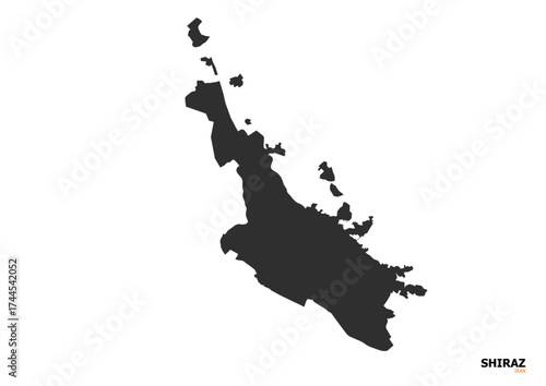 Black silhouette map of Shiraz with internal district boundaries — minimalist design ideal for infographics, presentations, or geographic visualization projects.