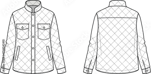 Quilted jacket flat sketch, front and back view, vector fashion illustration, outerwear design, button up coat