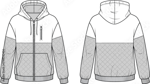 Quilted hoodie jacket fashion flat sketch, zipper front design, casual outerwear, sporty streetwear clothing vector illustration