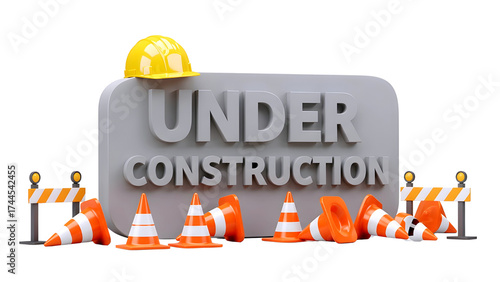 3d rendered under construction sign with safety cones and hard hat isolated on transparent background