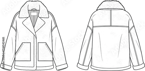 Shearling jacket flat sketch, vector illustration, winter outerwear design, fur collar coat, fashion apparel template