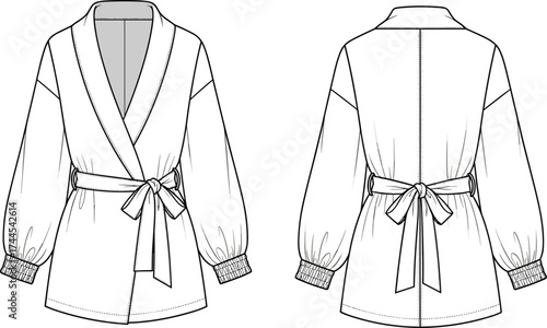 Wrap blouse fashion flat sketch, belted waist top, long sleeve design, casual elegant women clothing vector illustration