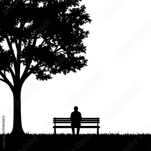 Black silhouette of a solitary person sitting alone on a park bench.