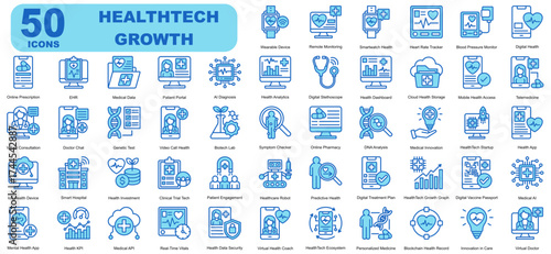 Health Tech Growth Editable Icons set. Vector illustration in modern thin blue style of business related icons	
