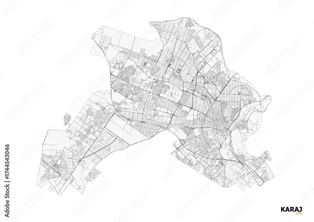 Fototapeta premium Minimalist monochrome map of Karaj showing highways, roads, and urban density — ideal for urban planning, geographic visualization, or architectural design projects.