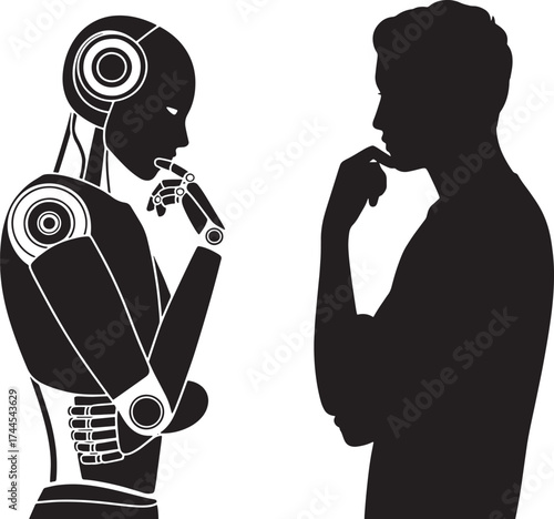 Black silhouette of a robot and a human facing each other in thoughtful poses thinking contemplation