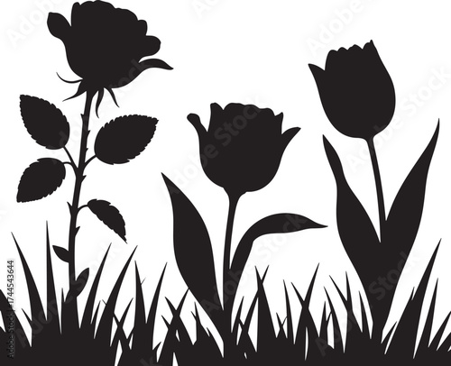 Black silhouette of a rose and two tulips growing in grass against a white background flower plant