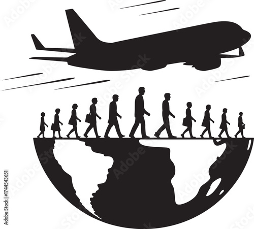 Black silhouette of airplane flying above diverse group of people walking on globe flight travel