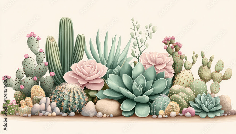Fototapeta premium vibrant succulent garden featuring various cacti and succulents, mix of colors and textures. This arrangement creates lively and refreshing