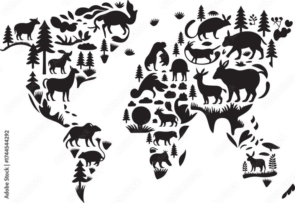 Fototapeta premium World map silhouette filled with diverse animals and trees nature