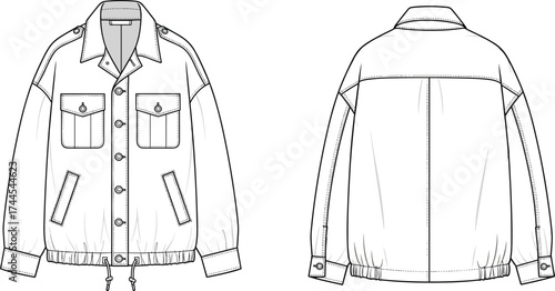 Utility jacket flat sketch, button front design, flap pockets, collar detail, casual outerwear fashion vector illustration
