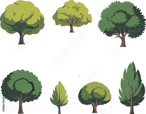 Vector illustration of different green trees, natural forest elements, landscape design, park foliage, eco friendly environment art
