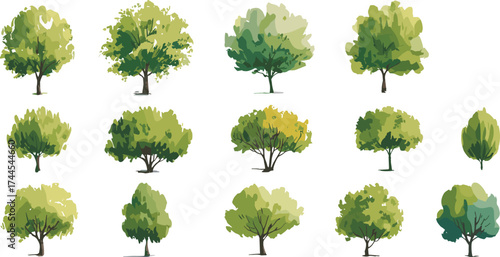 Vector illustration of various green trees collection, natural forest design, eco friendly foliage, outdoor landscape artwork