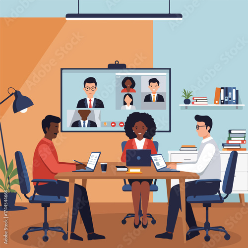 Diverse business team in a hybrid meeting with video conference call.