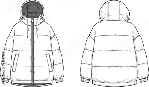 Winter puffer jacket technical fashion sketch, hooded quilted coat design, warm outerwear clothing, stylish apparel vector illustration