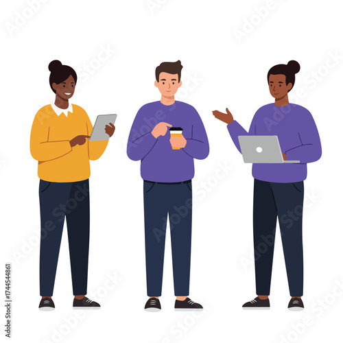 Diverse group of three young people using modern gadgets like laptop tablet and smartphone.