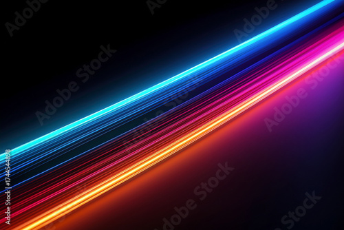 Colorful abstract futuristic background with glowing neon light trails, synthwave and retrowave style, concept of speed and motion