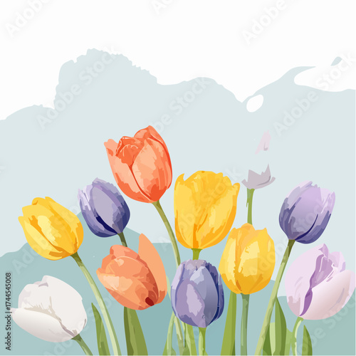 Zarter Aquarell-Hintergrund mit pastellfarbenen Tulpen in Rosa, Gelb und Lila