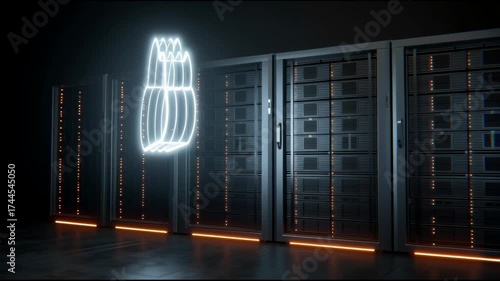 Data center server racks, floating glowing cloud storage icon hovering in middle
