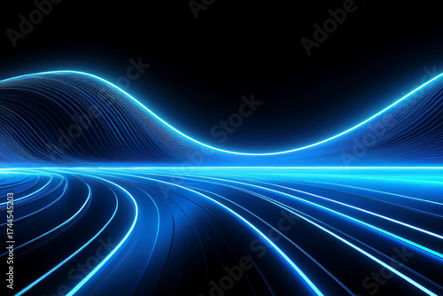 Abstract futuristic technology background with glowing blue neon lines, speed of light motion, and digital data stream concept