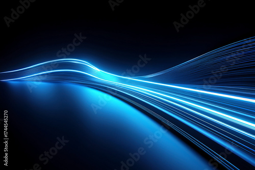 Abstract futuristic technology background with glowing blue neon lines, speed of light motion, and digital data stream concept