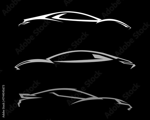 Set of Three Concept Sports Cars Isolated in illuminated Reflex Over Dark Background