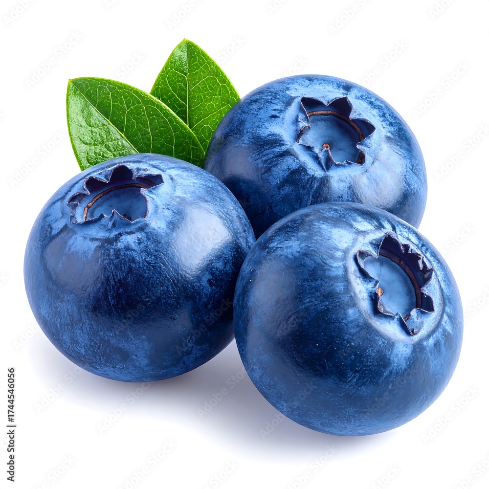 Obraz premium Close-up of three ripe blueberries with green leaves