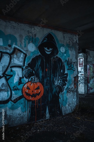 Halloween Street Art – Hooded Figure Holding a Glowing Jack-o’-Lantern Pumpkin in a Dark Urban Tunnel, Mysterious Night Graffiti Scene